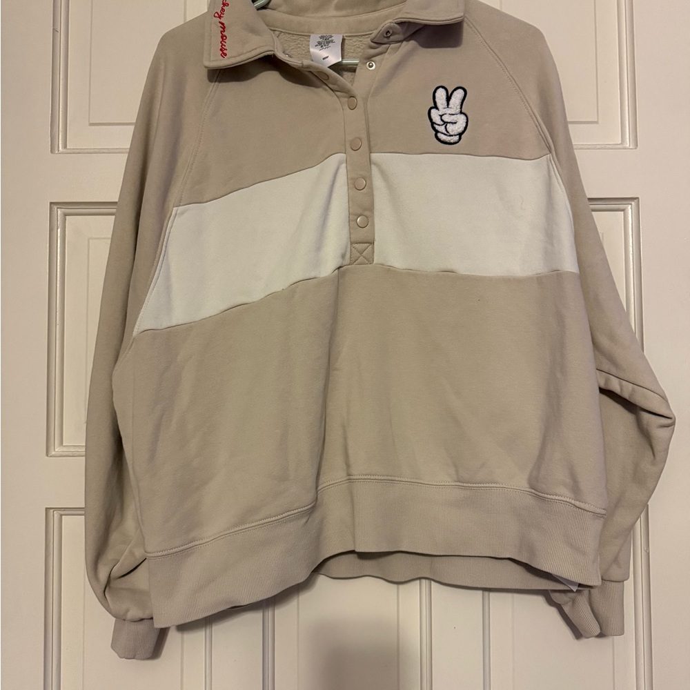 Disney Beige and White Women's Hoodie with Peace Sign